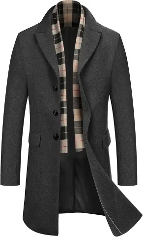 Mens Wool Blend Coat with Detachable Scarf